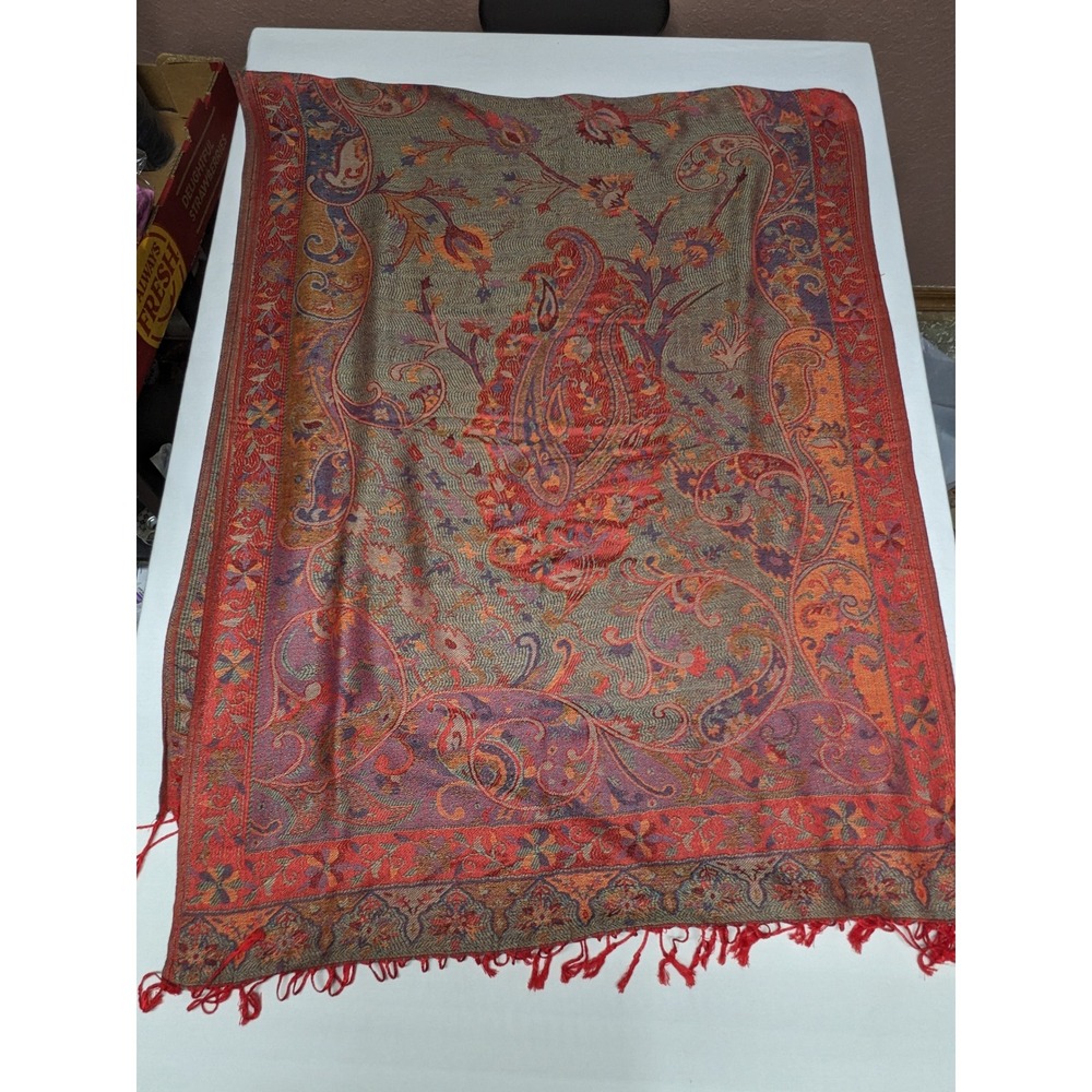 Pashmina Silk Blend Paisley Shawl Red Orange Purple Jacquard Fringed Wrap Scarf